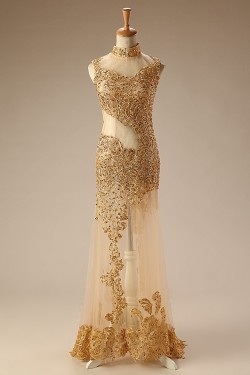 High-Neck Gold Beaded Long Prom Evening Formal Dresses ED011277