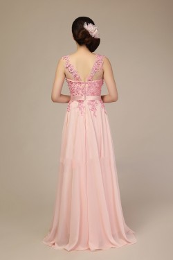A-Line Beaded Applique Long Pink Chiffon Prom Evening Formal Dresses ED011278