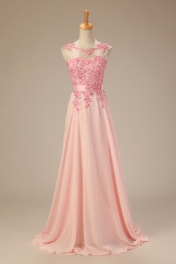 A-Line Beaded Applique Long Pink Chiffon Prom Evening Formal Dresses ED011278