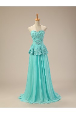 A-Line Sweetheart Beaded Long Blue Chiffon Prom Evening Formal Dresses ED011279
