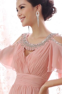 A-Line Beaded Long Pink Chiffon Prom Evening Formal Dresses ED011284