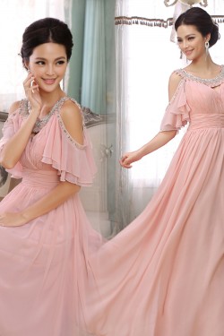 A-Line Beaded Long Pink Chiffon Prom Evening Formal Dresses ED011284