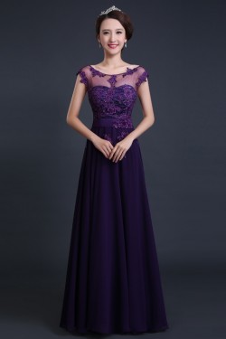 A-Line Beaded Applique Long Purple Chiffon Prom Evening Formal Dresses ED011289