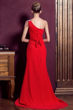 One-Shoulder Beaded Long Red Chiffon Prom Evening Formal Dresses ED011291