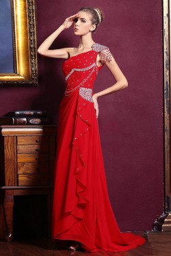 One-Shoulder Beaded Long Red Chiffon Prom Evening Formal Dresses ED011291