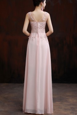 A-Line Beaded Applique Long Pink Chiffon Prom Evening Formal Dresses ED011292