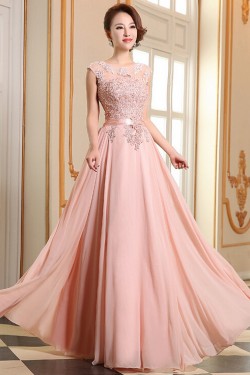 A-Line Beaded Applique Long Pink Chiffon Prom Evening Formal Dresses ED011292