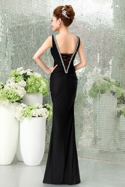 Trumpet/Mermaid V-Neck Beaded Long Black Prom Evening Formal Dresses ED011293