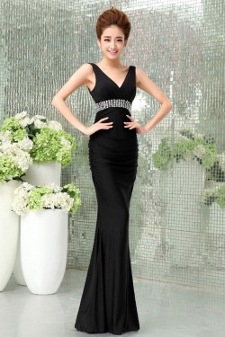 Trumpet/Mermaid V-Neck Beaded Long Black Prom Evening Formal Dresses ED011293