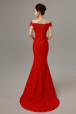 Trumpet/Mermaid Off-the-Shoulder Long Red Lace Prom Evening Formal Dresses ED011297