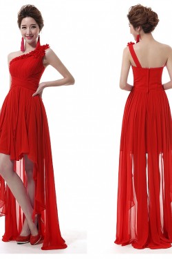High Low One-Shoulder Short Red Chiffon Prom Evening Formal Dresses ED011299