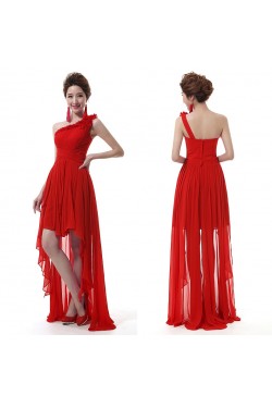High Low One-Shoulder Short Red Chiffon Prom Evening Formal Dresses ED011299