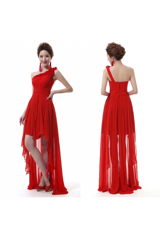 High Low One-Shoulder Short Red Chiffon Prom Evening Formal Dresses ED011299