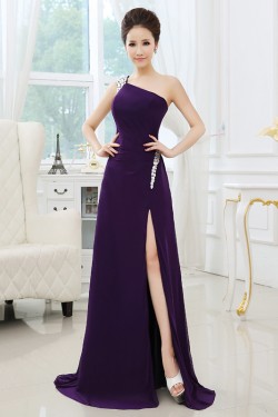 A-Line One-Shoulder Beaded Long Prom Evening Formal Dresses ED011300