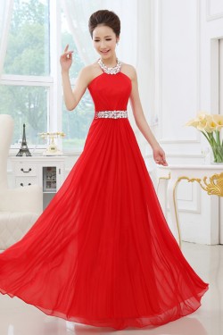 A-Line Halter Beaded Long Red Chiffon Prom Evening Formal Dresses ED011301
