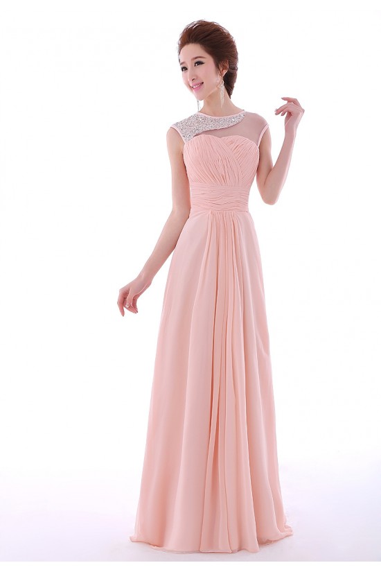 A-Line Beaded Long Pink Chiffon Prom Evening Formal Dresses ED011302