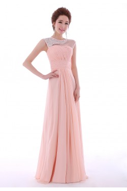 A-Line Beaded Long Pink Chiffon Prom Evening Formal Dresses ED011302
