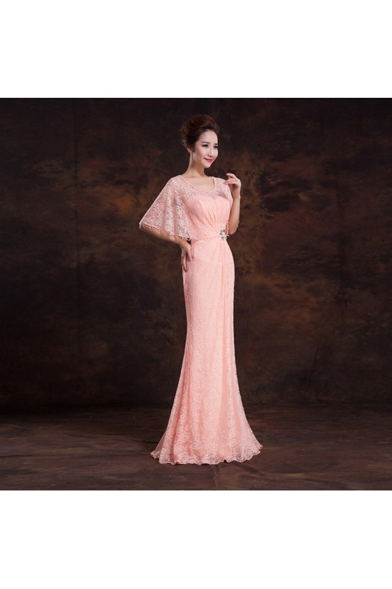 Elegant Long Pink Lace Beaded Prom Evening Formal Dresses ED011303