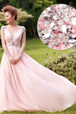 A-Line Beaded Long Pink Chiffon Prom Evening Formal Dresses ED011305