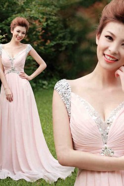 A-Line Beaded Long Pink Chiffon Prom Evening Formal Dresses ED011305
