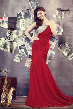 Elegant One-Shoulder Beaded Long Red Chiffon Prom Evening Formal Dresses ED011307