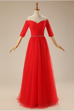 A-Line Half Sleeve Off-the-Shoulder Long Red Tulle Prom Evening Formal Dresses ED011309