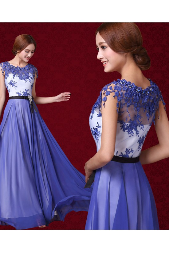 A-Line Long Blue Chiffon Prom Evening Formal Dresses ED011311