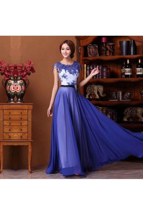 A-Line Long Blue Chiffon Prom Evening Formal Dresses ED011311