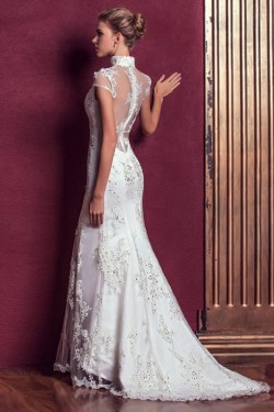 Trumpet/Mermaid High-Neck Beaded Long White Applique Prom Evening Wedding Dresses ED011312