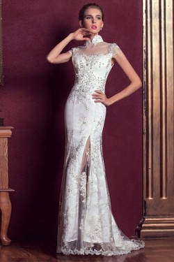 Trumpet/Mermaid High-Neck Beaded Long White Applique Prom Evening Wedding Dresses ED011312