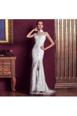 Trumpet/Mermaid High-Neck Beaded Long White Applique Prom Evening Wedding Dresses ED011312