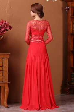 A-Line V-Neck 3/4 Sleeve Long Red Prom Evening Formal Dresses ED011313