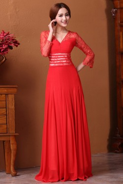 A-Line V-Neck 3/4 Sleeve Long Red Prom Evening Formal Dresses ED011313