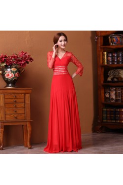 A-Line V-Neck 3/4 Sleeve Long Red Prom Evening Formal Dresses ED011313