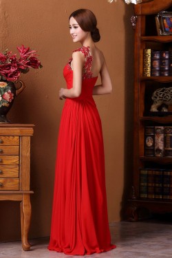 A-Line One-Shoulder Beaded Applique Long Red Chiffon Prom Evening Formal Dresses ED011315