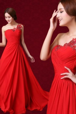 A-Line One-Shoulder Beaded Applique Long Red Chiffon Prom Evening Formal Dresses ED011315
