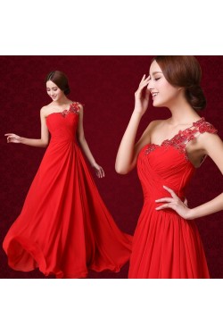 A-Line One-Shoulder Beaded Applique Long Red Chiffon Prom Evening Formal Dresses ED011315