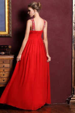 A-Line V-Neck Beaded Long Red Chiffon Prom Evening Formal Dresses ED011316