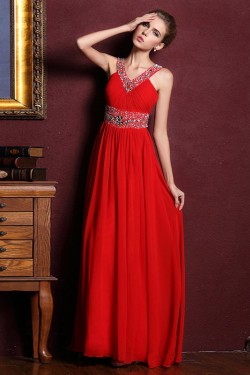 A-Line V-Neck Beaded Long Red Chiffon Prom Evening Formal Dresses ED011316