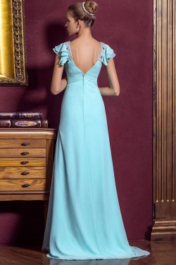 A-Line V-Neck Beaded Cap-Sleeve Long Blue Chiffon Prom Evening Formal Dresses ED011323