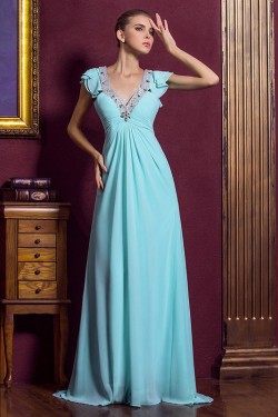 A-Line V-Neck Beaded Cap-Sleeve Long Blue Chiffon Prom Evening Formal Dresses ED011323