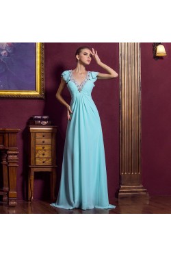 A-Line V-Neck Beaded Cap-Sleeve Long Blue Chiffon Prom Evening Formal Dresses ED011323