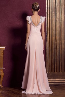 Sheath/Column V-Neck Beaded Long Pink Chiffon Prom Evening Formal Dresses ED011325