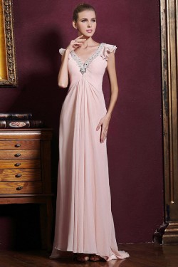 Sheath/Column V-Neck Beaded Long Pink Chiffon Prom Evening Formal Dresses ED011325