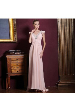 Sheath/Column V-Neck Beaded Long Pink Chiffon Prom Evening Formal Dresses ED011325