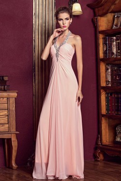 Empire Halter Beaded Long Pink Chiffon Prom Evening Maternity Evening Dresses ED011327