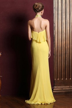 Trumpet/Mermaid Halter Beaded Long Yellow Chiffon Prom Evening Formal Dresses ED011328