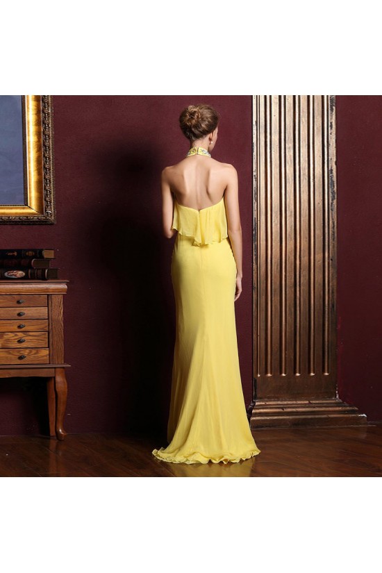 Trumpet/Mermaid Halter Beaded Long Yellow Chiffon Prom Evening Formal Dresses ED011328