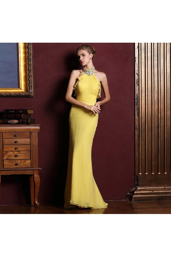 Trumpet/Mermaid Halter Beaded Long Yellow Chiffon Prom Evening Formal Dresses ED011328