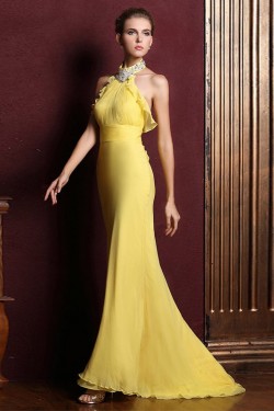 Trumpet/Mermaid Halter Beaded Long Yellow Chiffon Prom Evening Formal Dresses ED011328